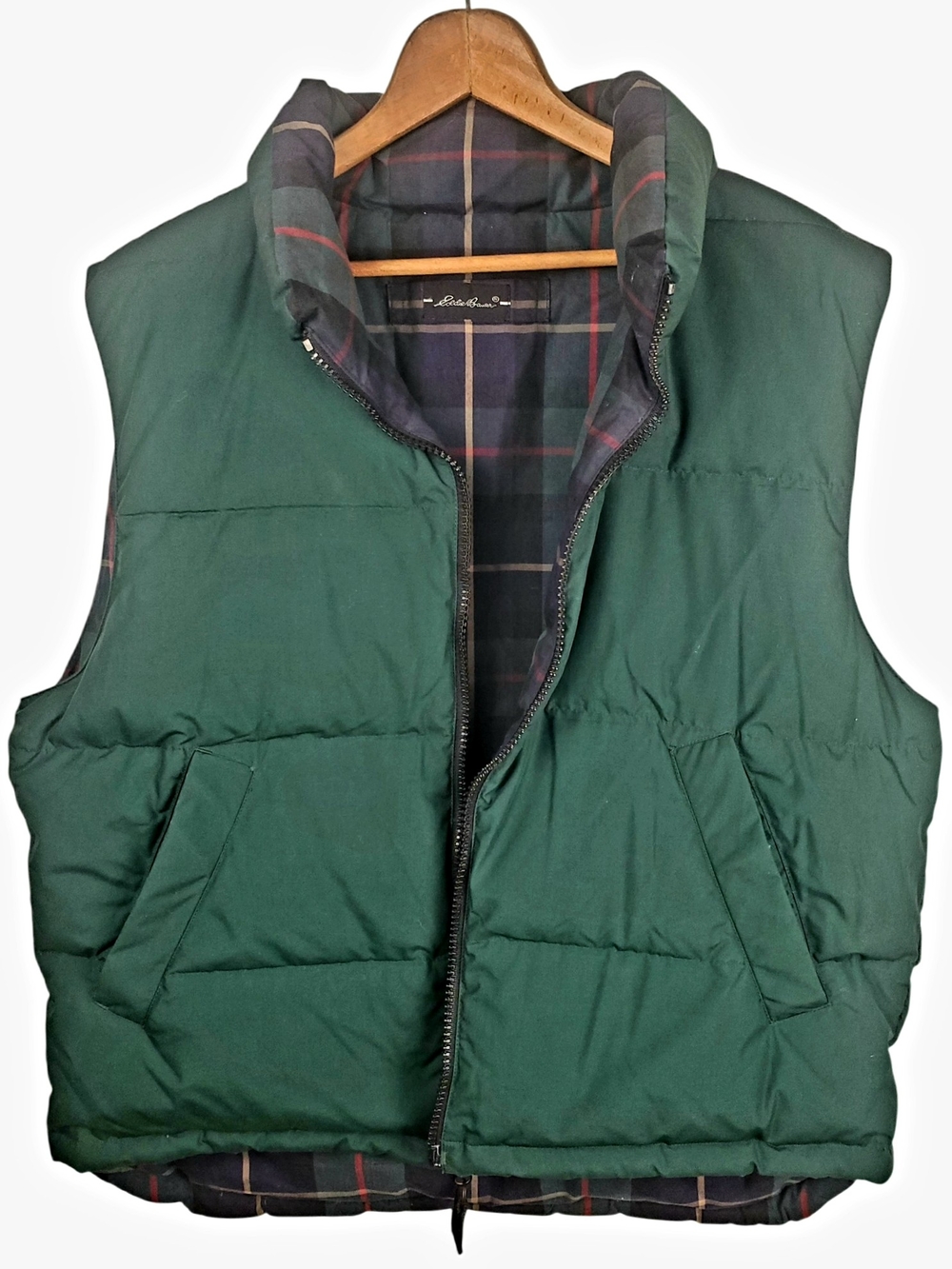 Vintage Eddie Bauer Reversible Goose Down Puffer Vest Green Plaid Mens MED